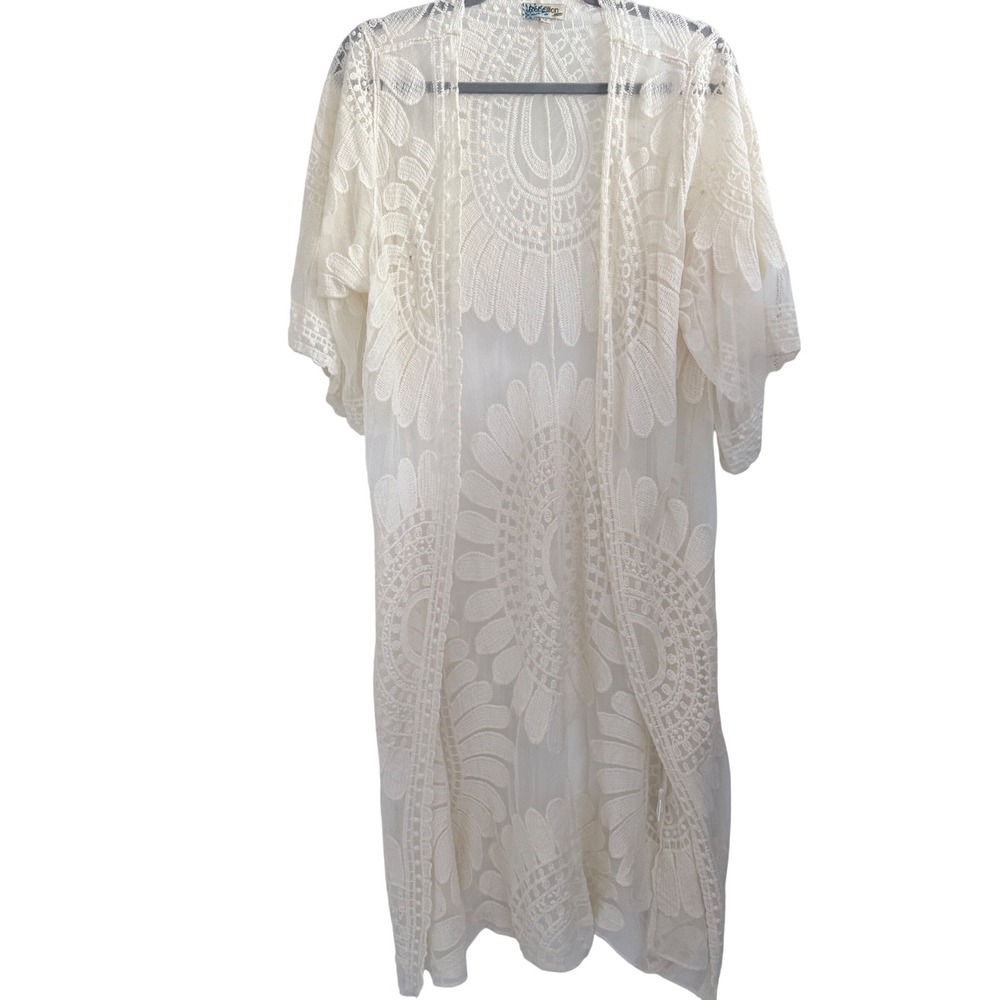 Rebellion Lace Kimono Duster Women Size M Ivory Boho Hippy Sheer Mesh Cardigan